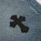 CHROME HEARTS CROSS PATCH BLACK EDGE JORTS WASHED DENIM