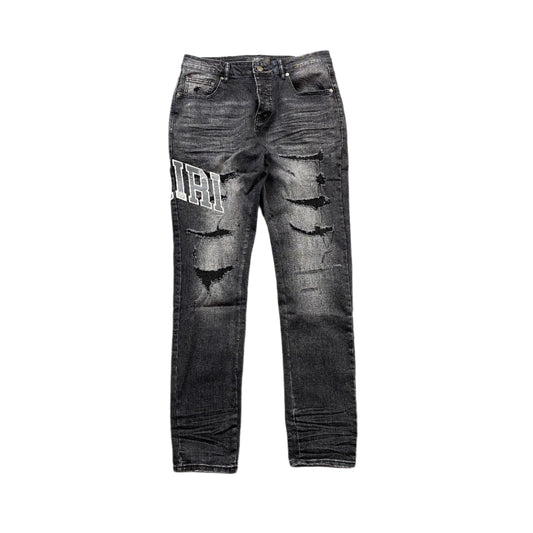 AMIRI VARSITY LOGO REPAIR JEANS
