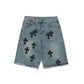 CHROME HEARTS BLACK CROSS PATCH JORTS WASHED DENIM