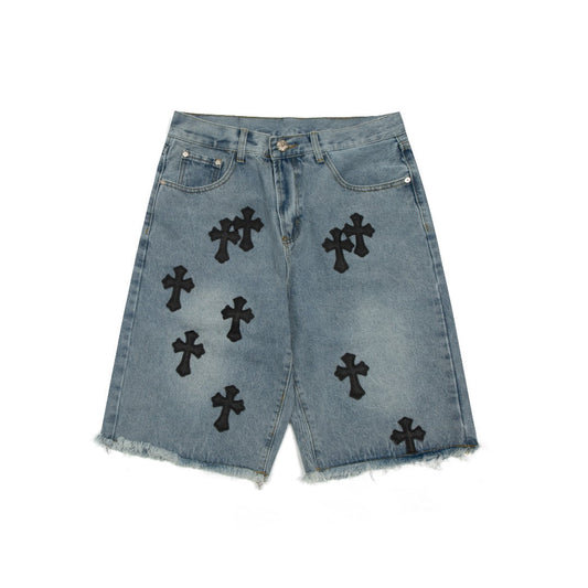 CHROME HEARTS BLACK CROSS PATCH JORTS WASHED DENIM
