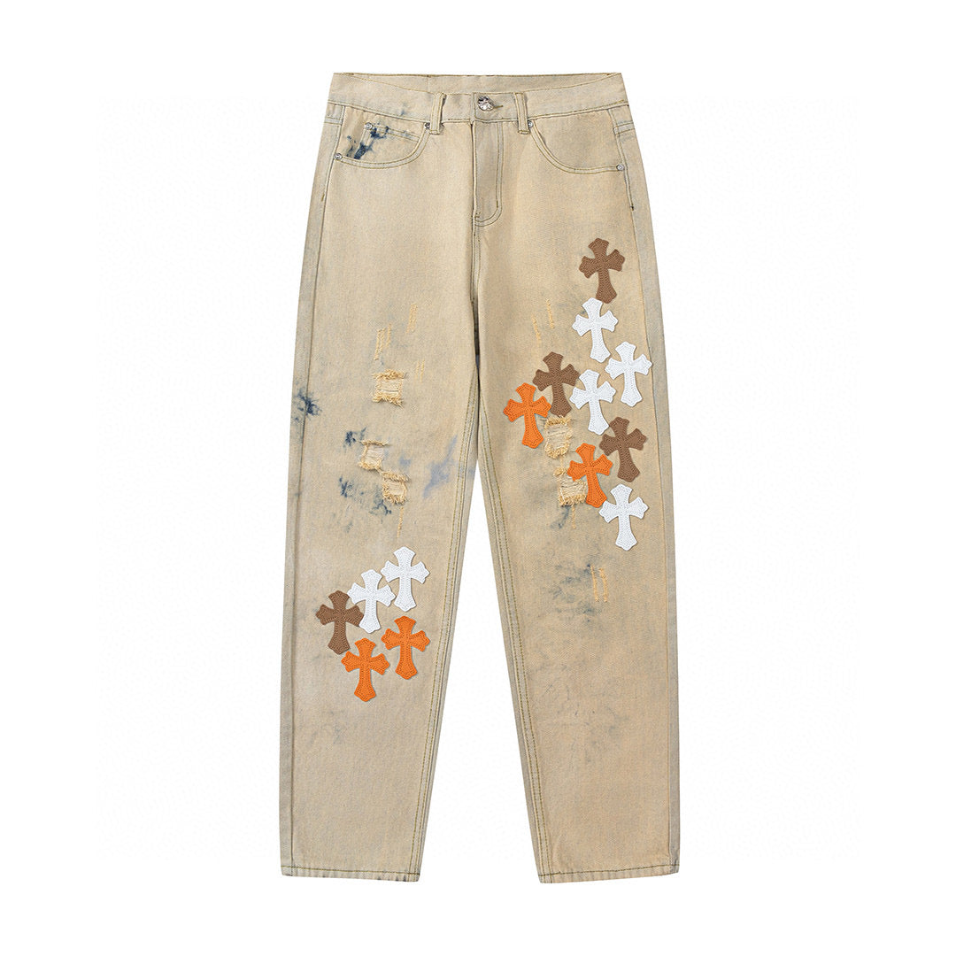 CHROME HEARTS ORANGE BROWN CROSS PATCH JEANS BEIGE