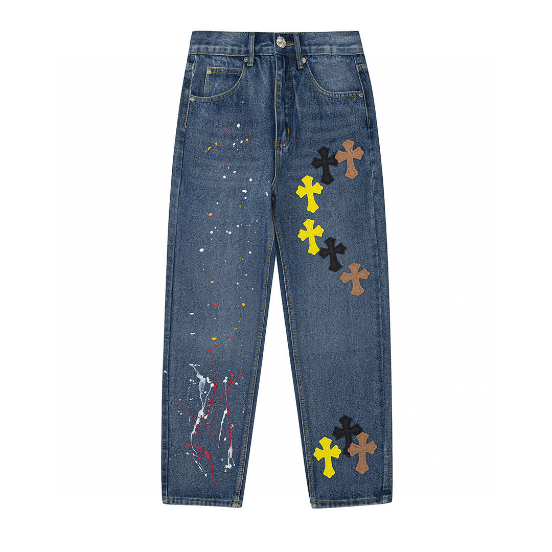 CHROME HEARTS PAINT DRIP CROSS PATCH JEANS DENIM