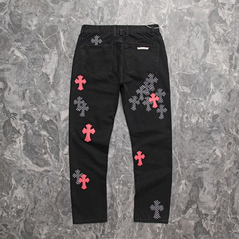 CHROME HEARTS PINK & CHECKERED CROSS PATCH FLEURKNEE JEANS BLACK