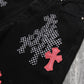 CHROME HEARTS PINK & CHECKERED CROSS PATCH FLEURKNEE JEANS BLACK