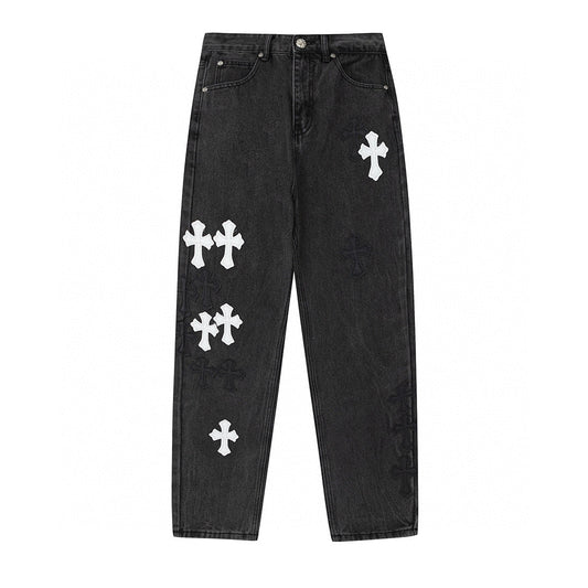 CHROME HEARTS WHITE CROSS PATCH JEANS BLACK