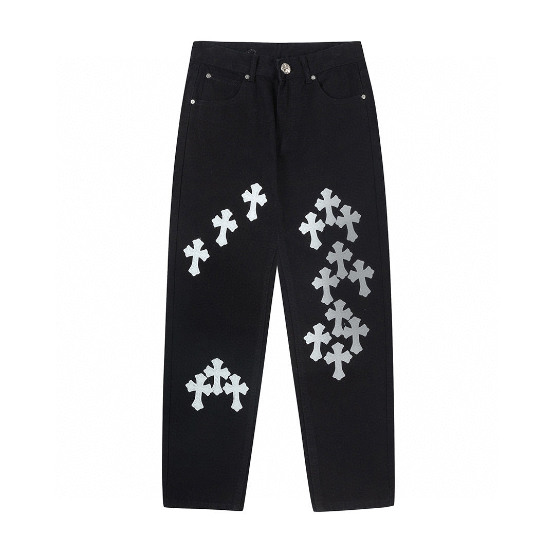 CHROME HEARTS WHITE YELLOW CROSS PATCH JEANS BLACK