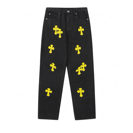 CHROME HEARTS YELLOW CROSS PATCH JEANS BLACK