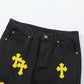 CHROME HEARTS YELLOW CROSS PATCH JEANS BLACK